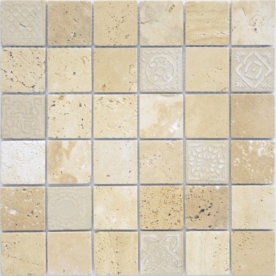 Мозаика из стекла и натурального камня Art Travertino beige MAT 48x48x8 (300x300)